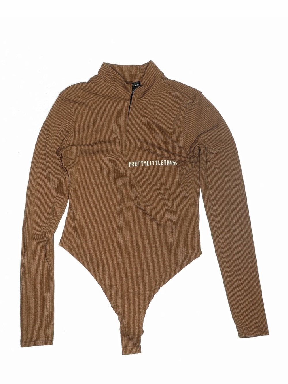 PRETTYLITTLETHING Brown Ribbed Mock Neck Bodysuit